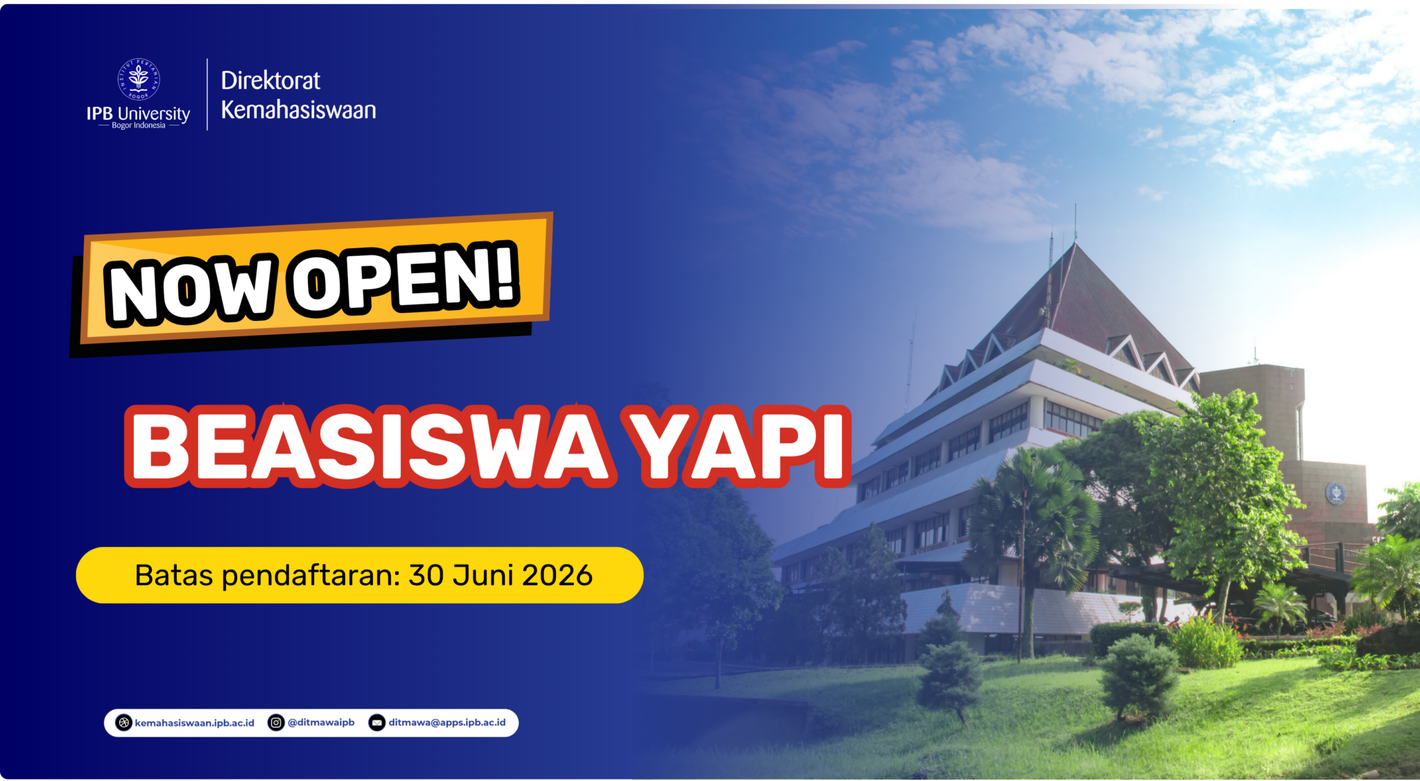 Read more about the article PENDAFTARAN BEASISWA YAYASAN ALUMNI IPB PEDULI (YAPI) TAHUN 2026